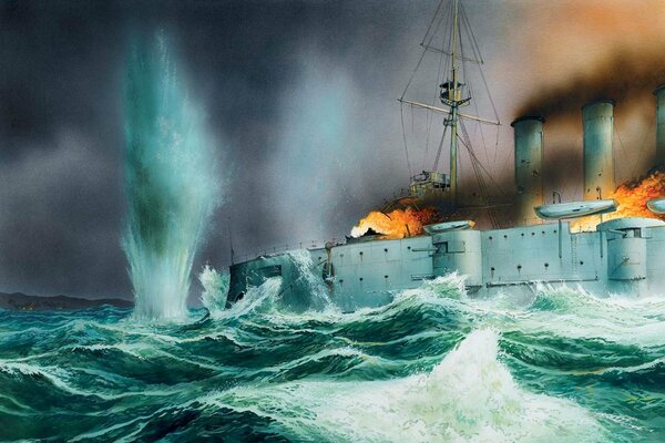 Dibujo de una batalla en el mar durante una tormenta