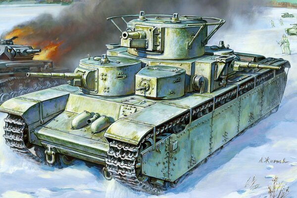 Нарисованный большой танк на белом снегу