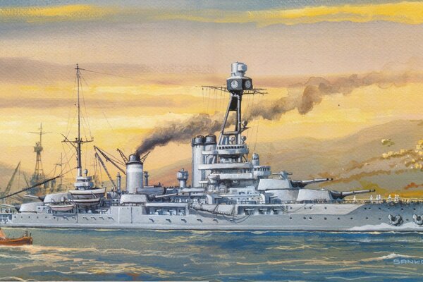 Dibujo de un buque de guerra en el puerto