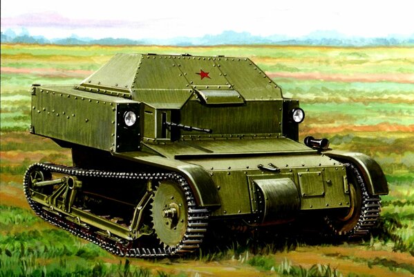 Der sowjetische Panzer der dreißiger Jahre auf dem Feld bei der Lehre