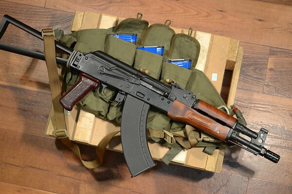 AKS-74 Kalashnikov assault rifle on a box