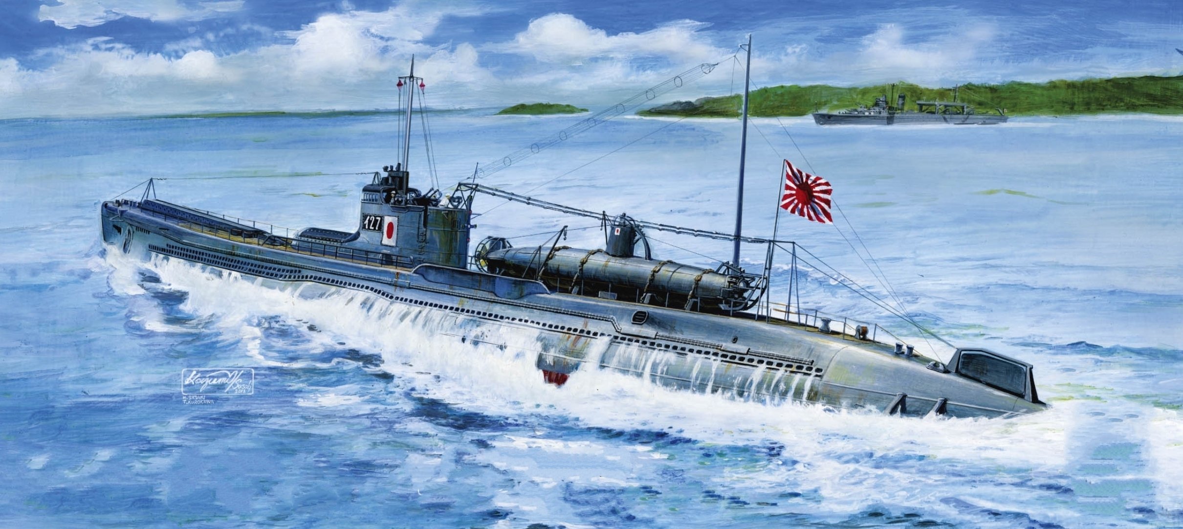 art baie je-27 japonais sous-marin bateau destroyer rivage ww2 dessin