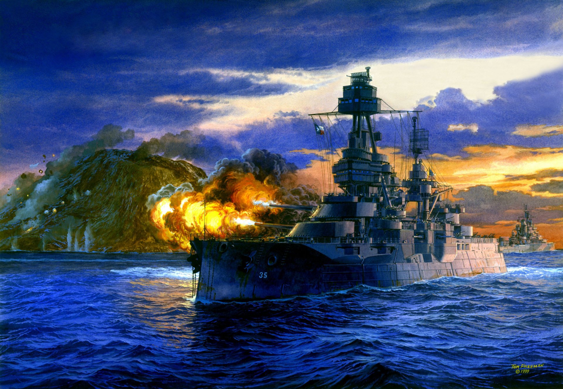 art fleet painting pacific lone star battleship texas salvo shelling iwo jima pacific theater military action usa japan 1945 ww2 artist tom freeman