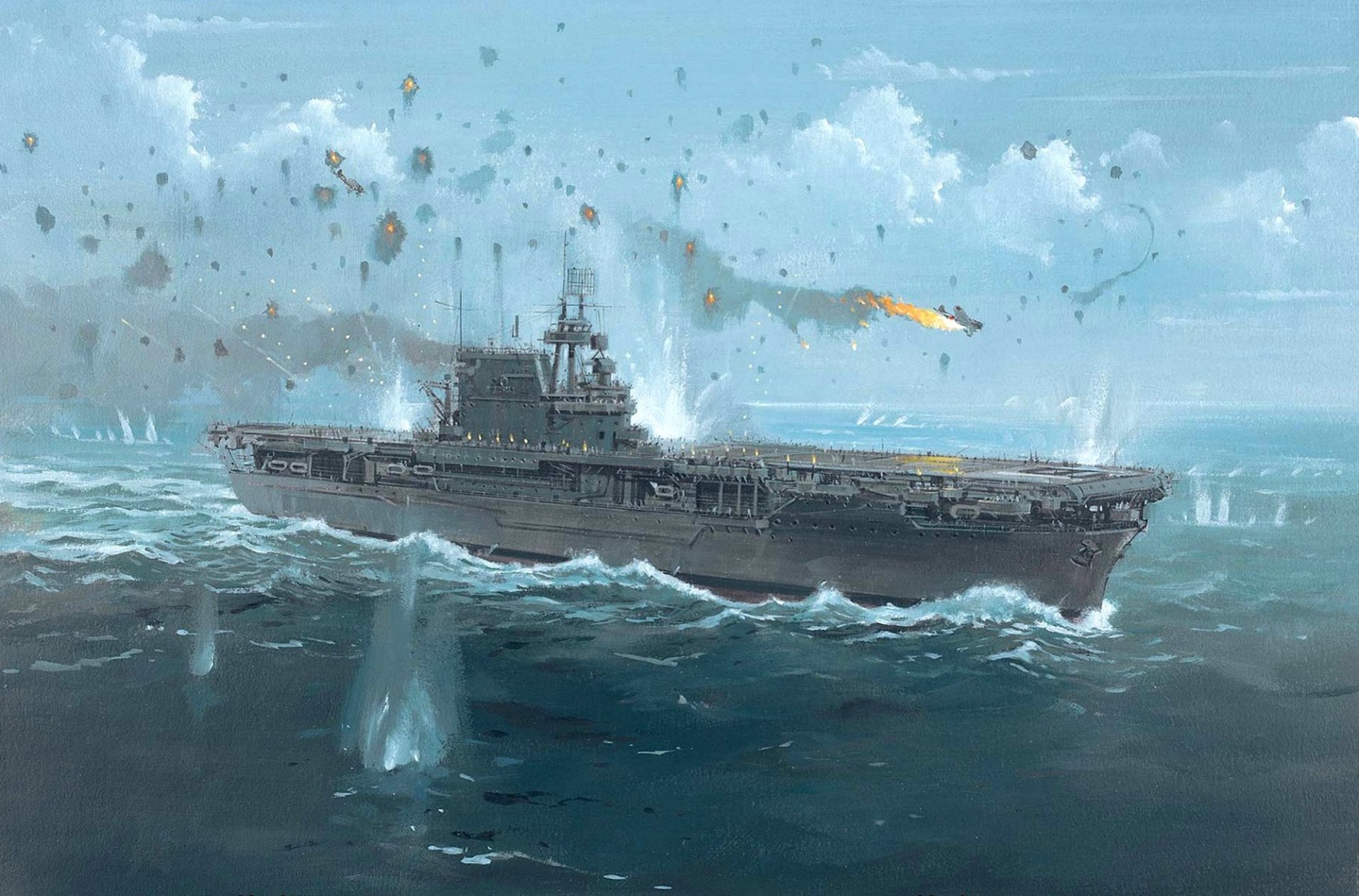 arte enterprise enterprise cv-6 portaaviones marina de los estados unidos batalla de las islas salomón 24 de agosto de 1942 reflejo del ataque de aviones japoneses disparos tapas de ruptura ww2 dibujo