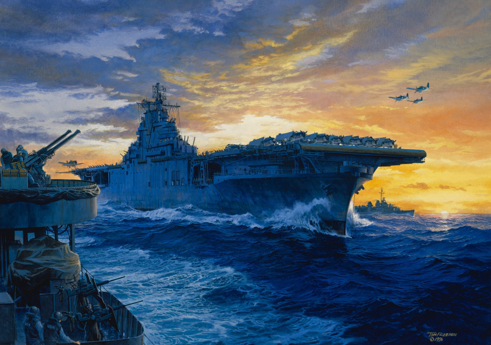 art fleet painting at the station aircraft carrier aircraft pacific theater military action usa japan 1942 1945 ww2 artist tom freeman