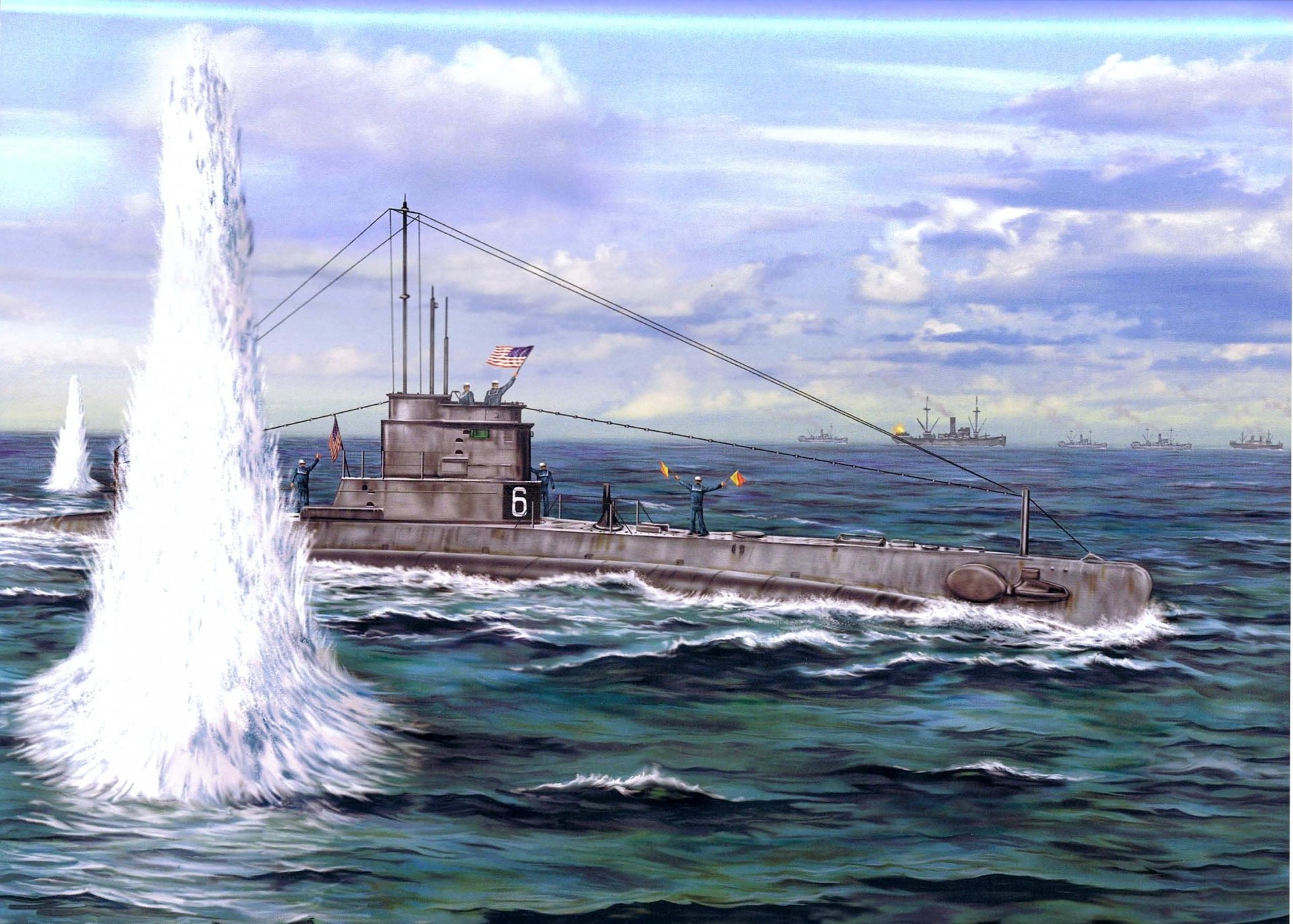 art guards escorts shots explosions american submarine r-6 ss-06 men signalmen signaling january 1918 ww1 picture