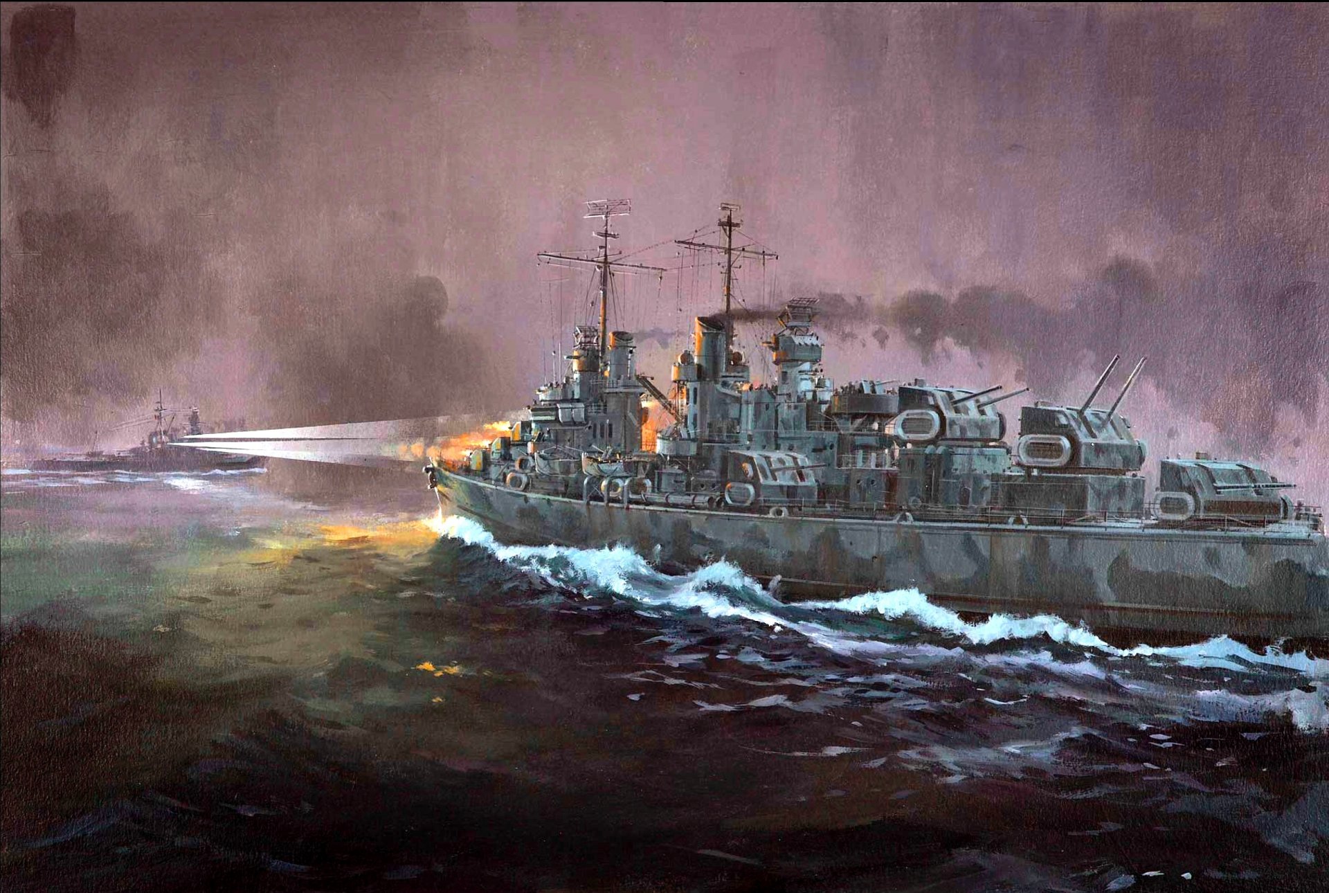 arte primera batalla de guadalcanal noche del 12 al 13 de noviembre de 1942 focos rayos japonés rápido acorazado hiei americano ligero crucero atlanta disparos fuego ww2 dibujo