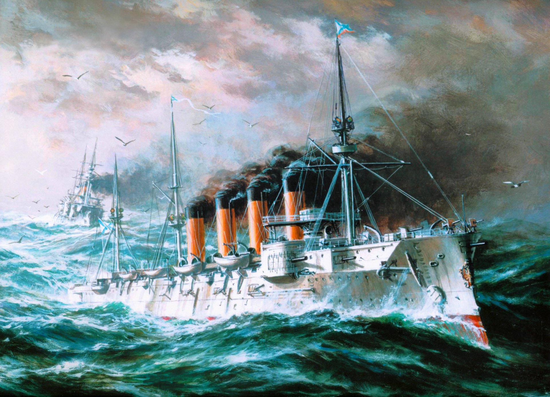 art sea waves ships armored cruiser russia st. andrew s flag sky gulls picture