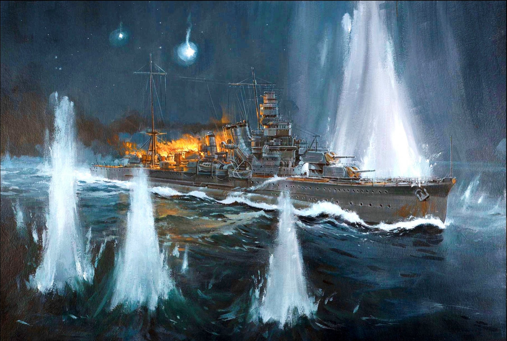 arte new georgia strait slot 11.10.1942 battaglia navale cape esperance furutaka giapponese colpi fuoco fumo ww2 figura