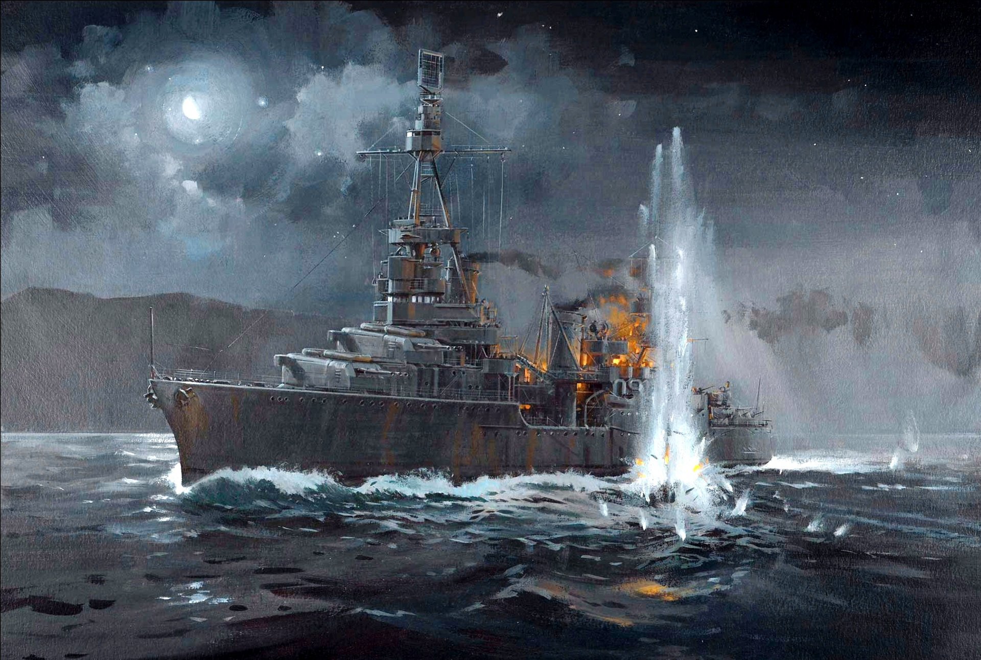 art night sea battle at tassafaronga november 301942 american heavy cruiser northampton the left side torpedoing explosion fire ww2 picture