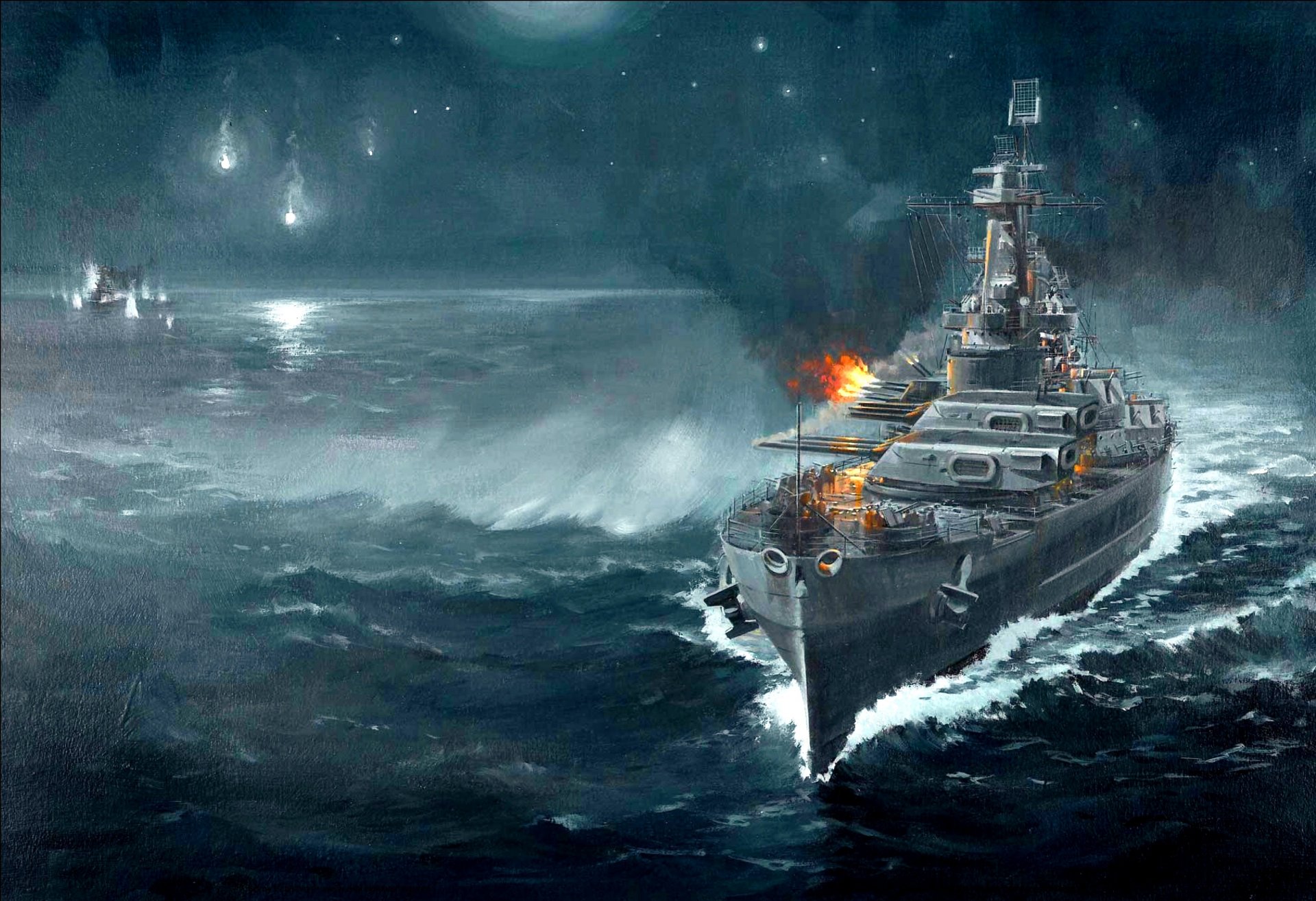 art guadalcanal notte 14 novembre 1942 battaglia navale nave da battaglia americana washington giapponese incrociatore da battaglia kirishima duello di artiglieria ww2 figura