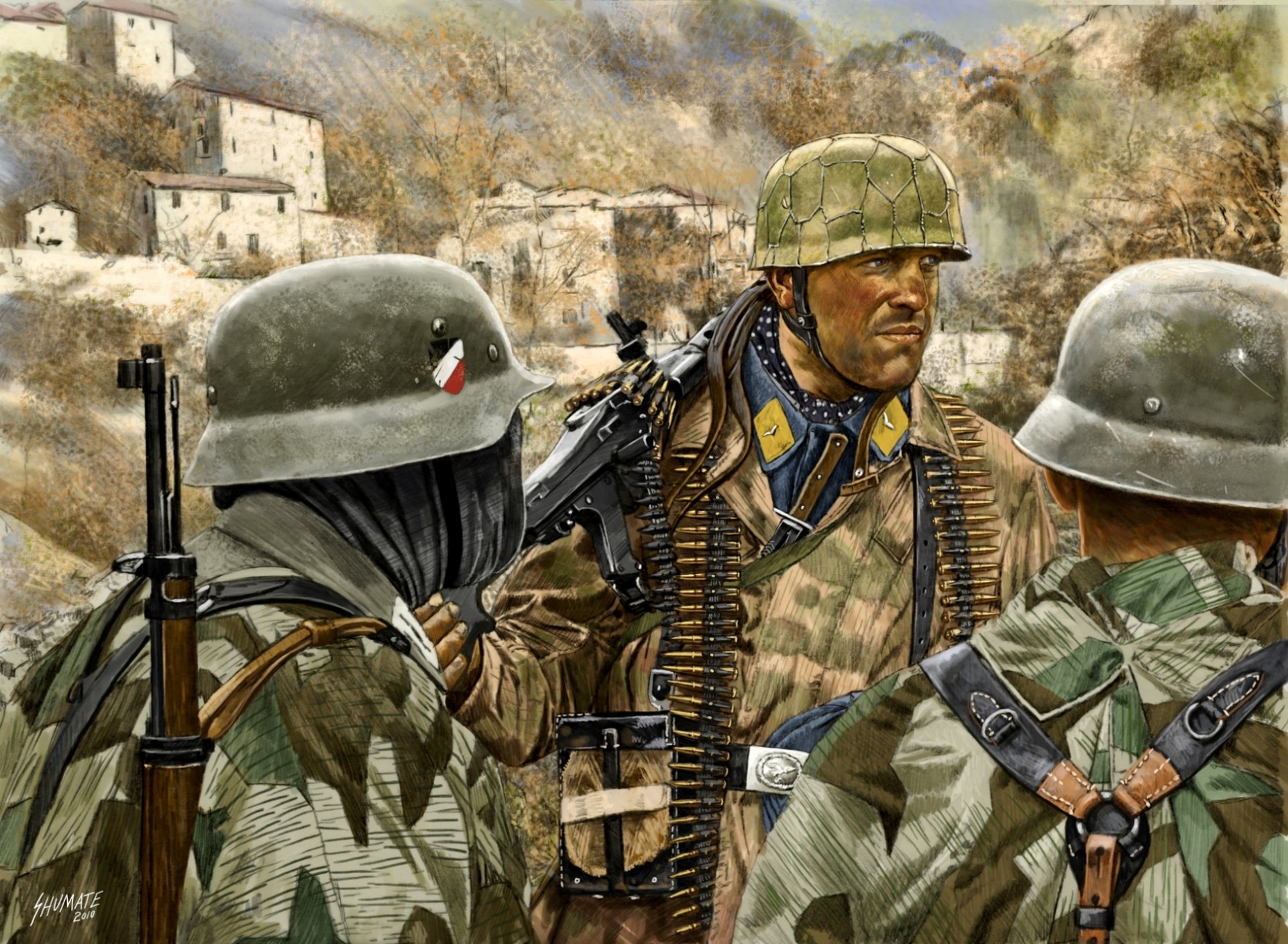 arte alemán montaña guardabosques gebirgsjäger uniforme camuflaje armas italia 1944 ww2 dibujo