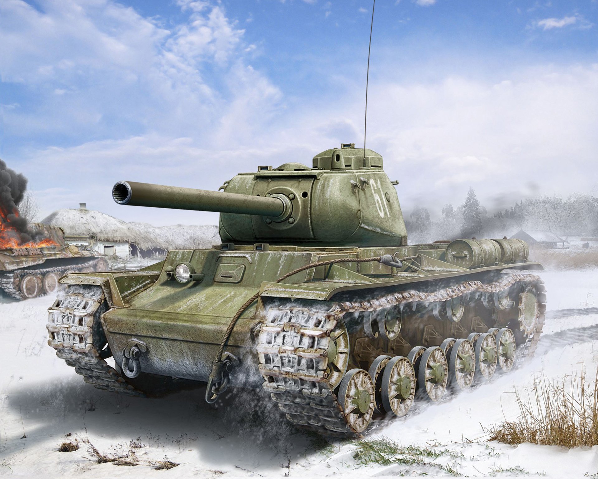 arte tanque kv-85 kv-85 klim voroshilov soviético calibre 85-mm d-5t creado para avance poderoso defensivo líneas invierno batalla 1943g. artista valery petelin urss segunda guerra mundial ww2