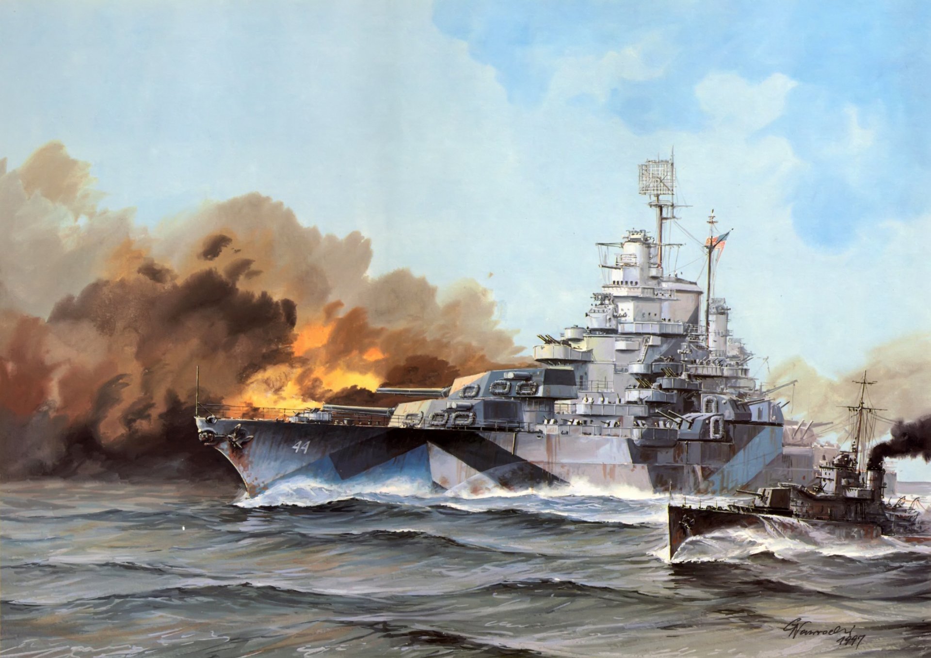 arte onde del mare california uss bb-44 nave di linea tipo tennessee us navy principale calibro fuoco fumo ww2 figura