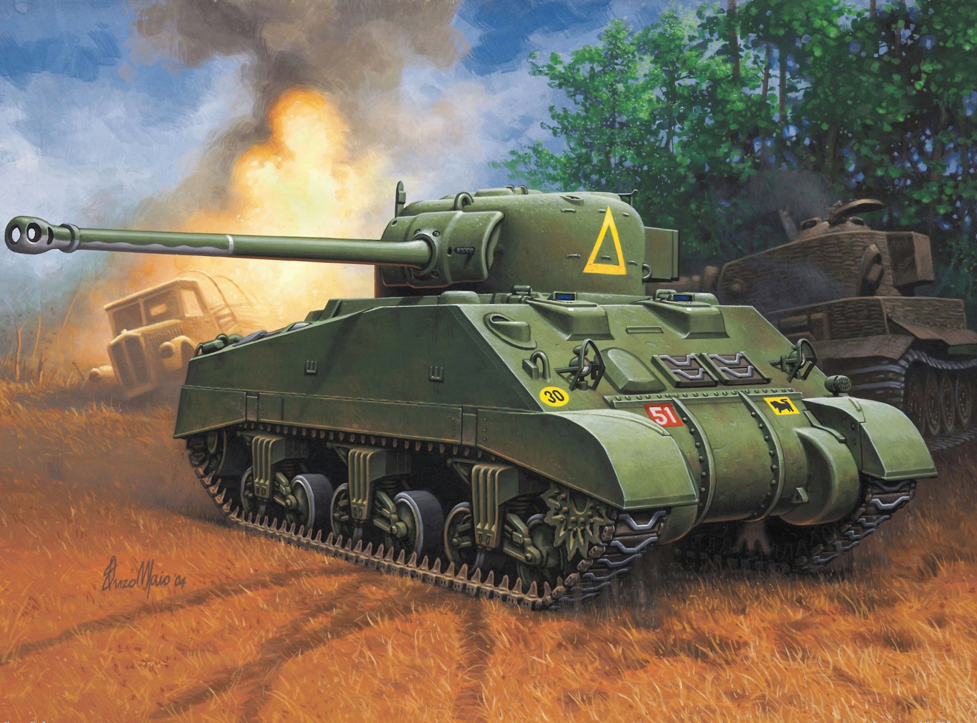 arte campo di battaglia serbatoio sherman vc firefly 17-pounder pistola auto fuoco fiamma ww2 figura