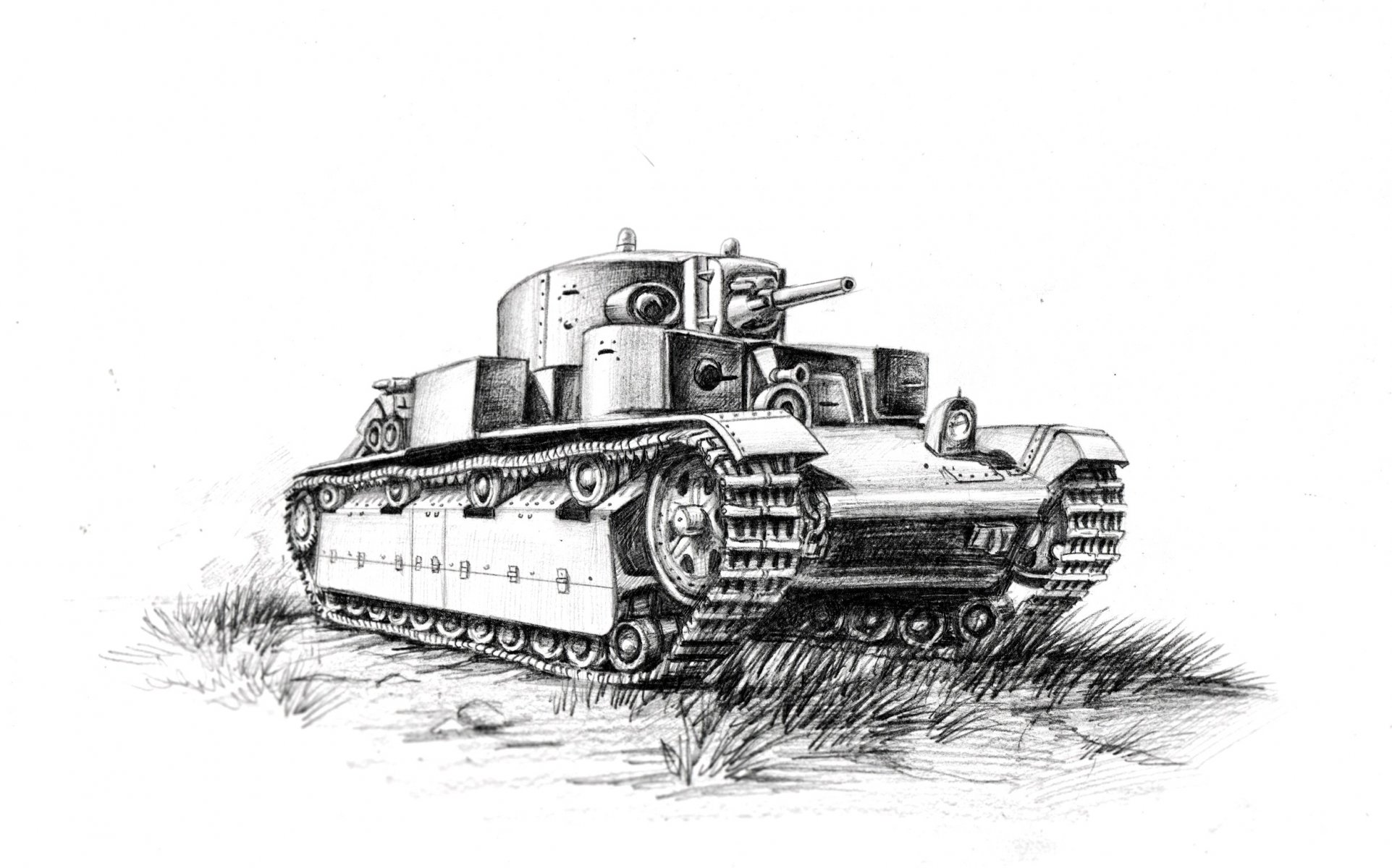 art t-28 soviet medium tank pencil black-and-white image