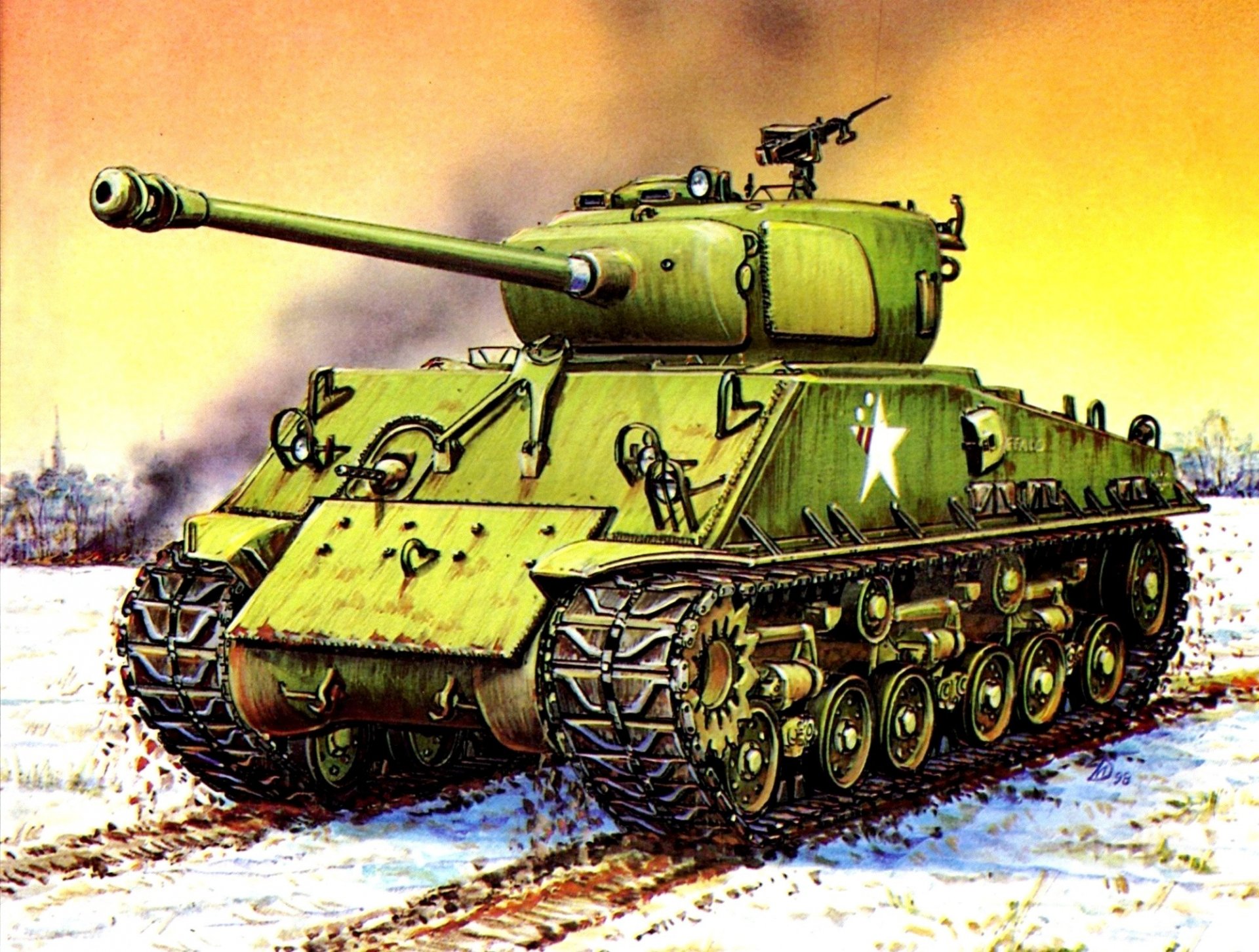 kunst feld winter schnee m4aze8 sherman amerikanisch mittel panzer mit 76 mm langwaffe 2 mm kanone ww2 zeichnung