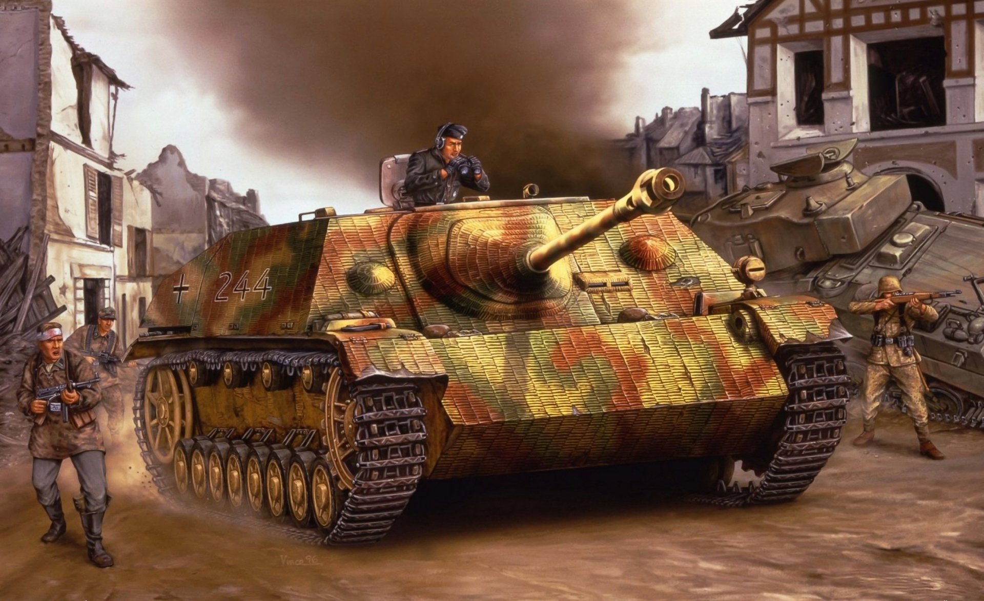 art jagdpanzer iv jagdpz iv medium by weight german self-propelled artillery installation self-propelled guns class fighters tanks times world war ii city street german soldiers shot down american tank