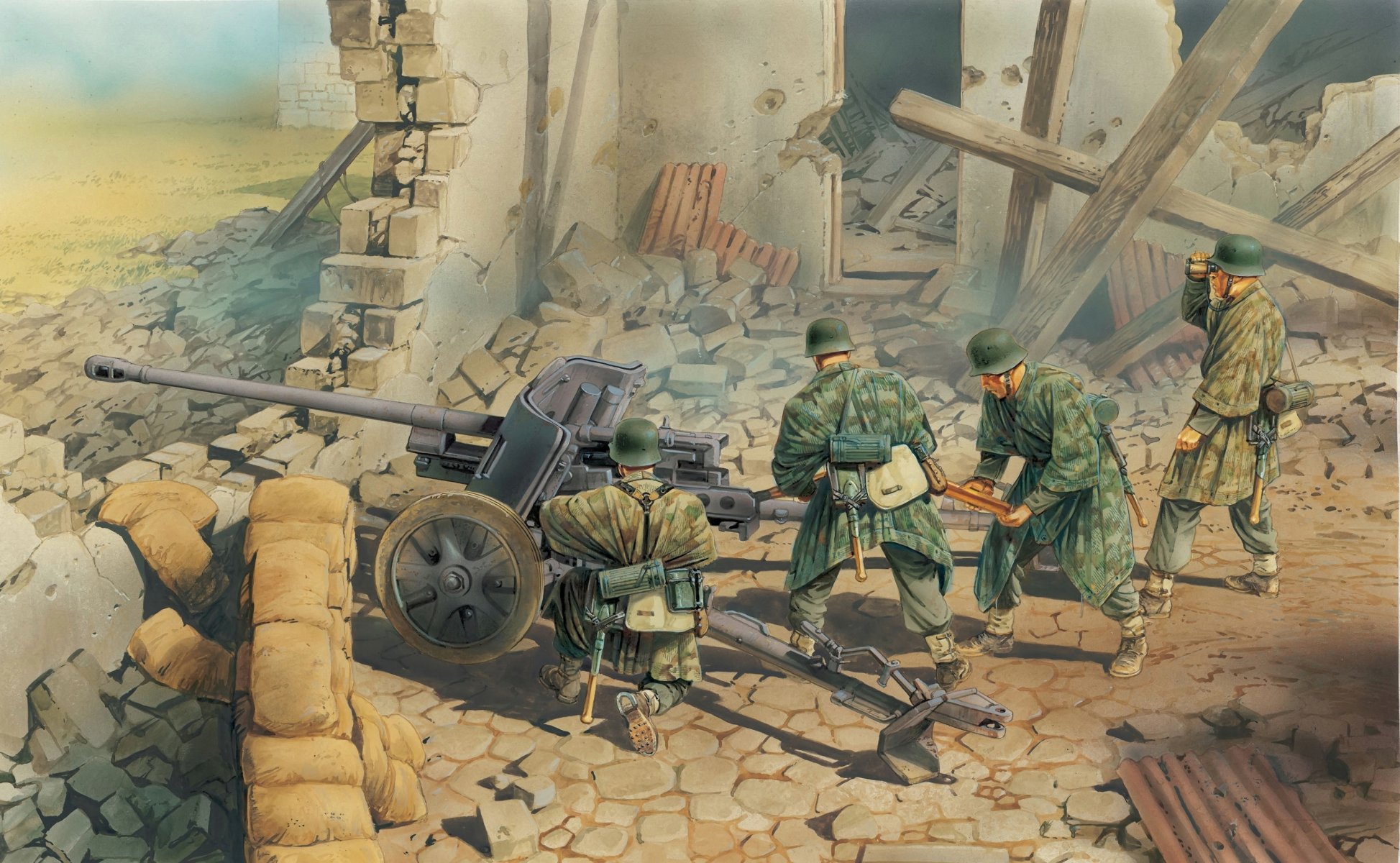 arte guerra pak-38 alemán antitanque cañón artilleros en fuego posiciones ww2 dibujo