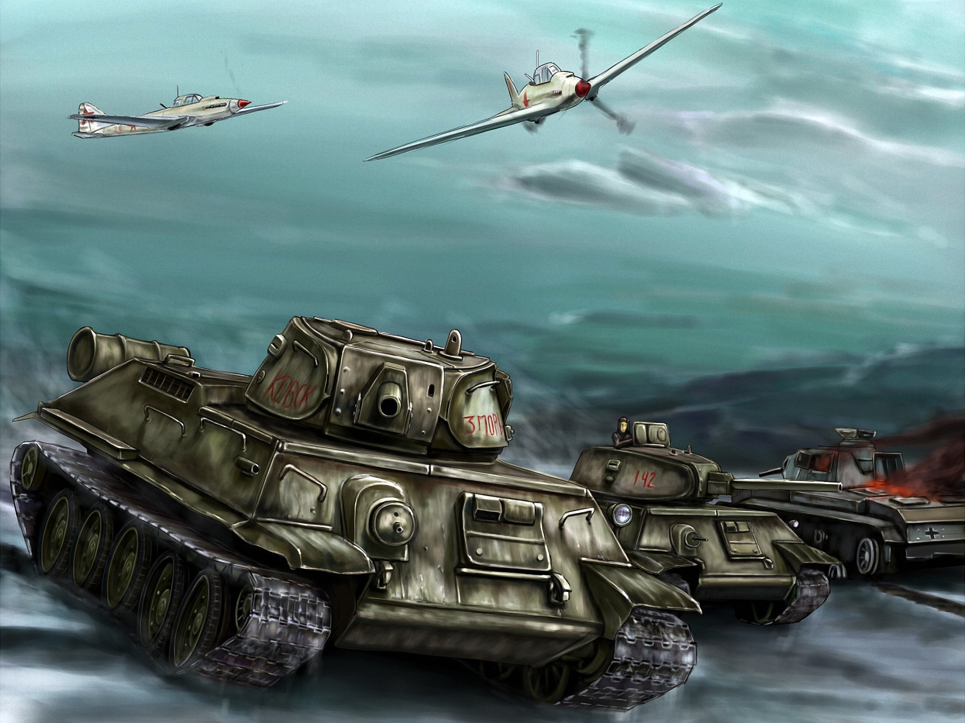 kunst krieg kampf panzer t-34-76 il-2 offensive großer vaterländischer krieg zeichnung