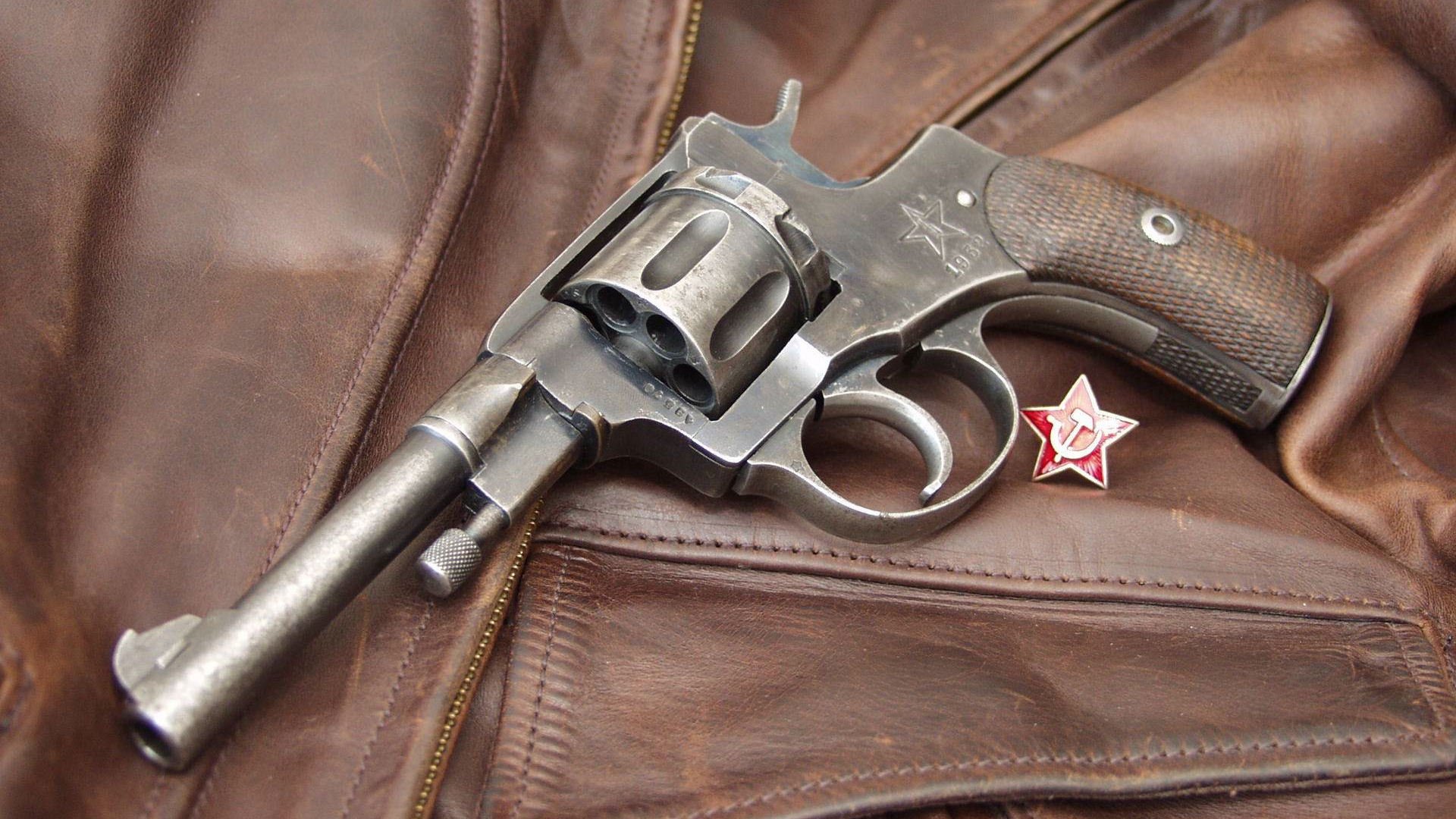 revolver revolver star hammer and sickle badge leather jacket