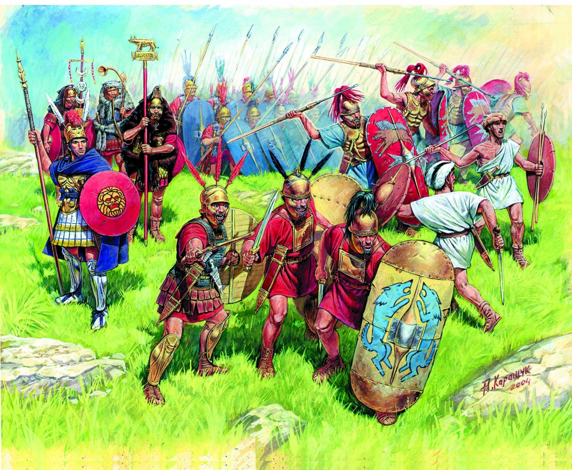 arte fanteria romana repubblica iii-i secolo a. c. veliti gastati principi triarii centurione decalcomanie armatura freccette spade lance scudi terra erba pietre disegno a. karaschuk