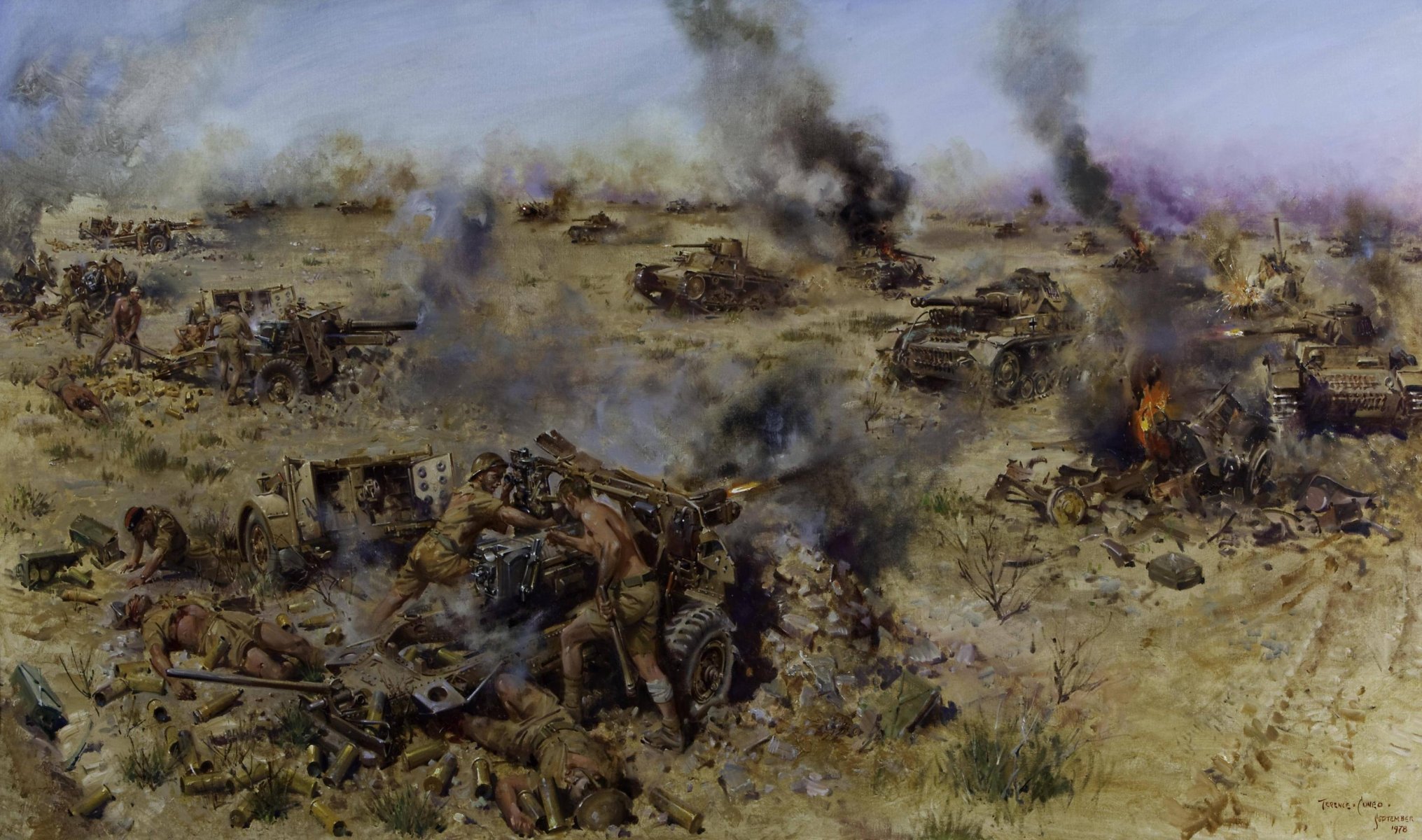 battle of knightsbridge june 61942 tanks attack artillery shots fire smoke flame ww2 the artist terence cuneo