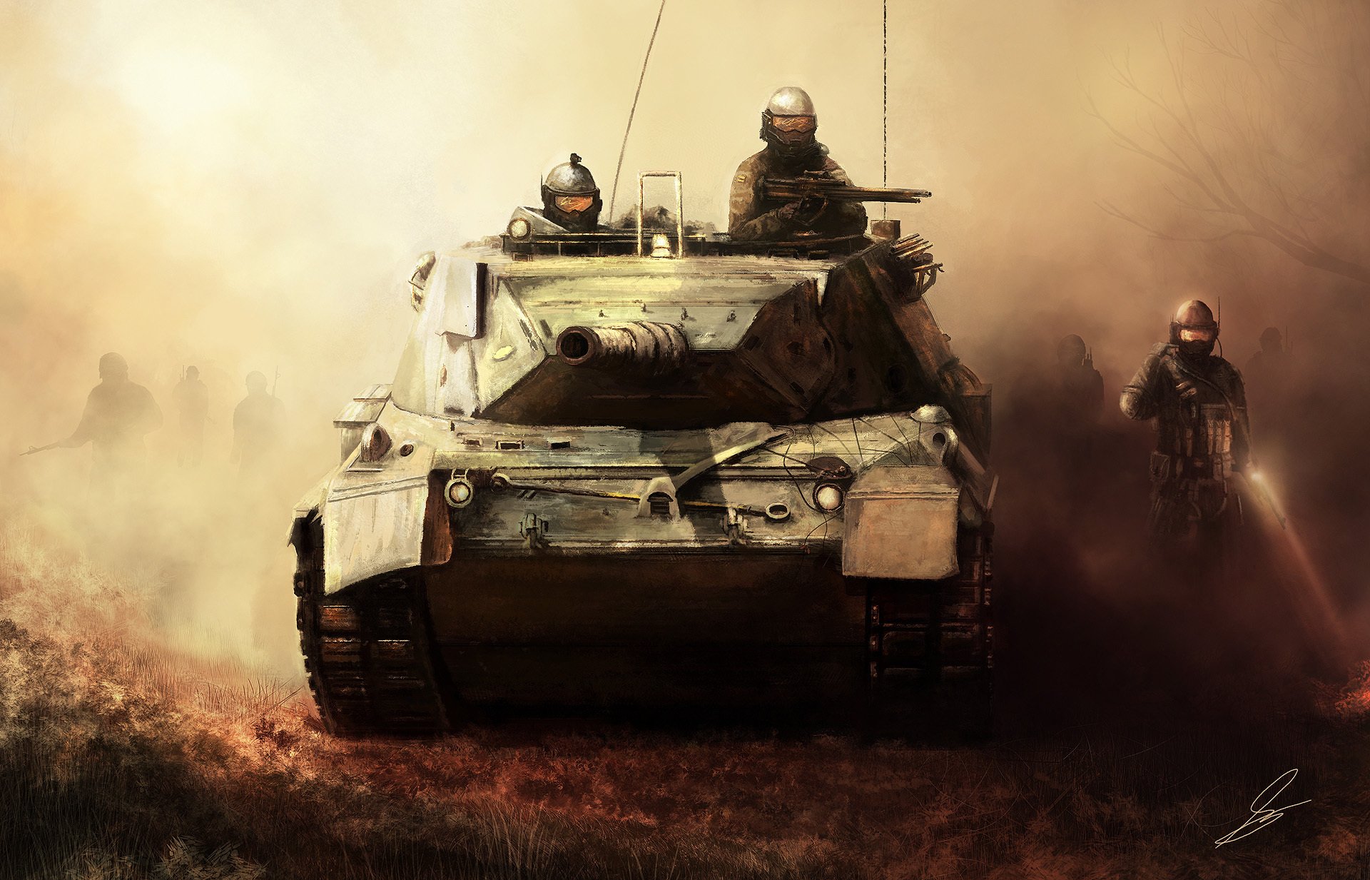 art military tank soldiers weapons fog