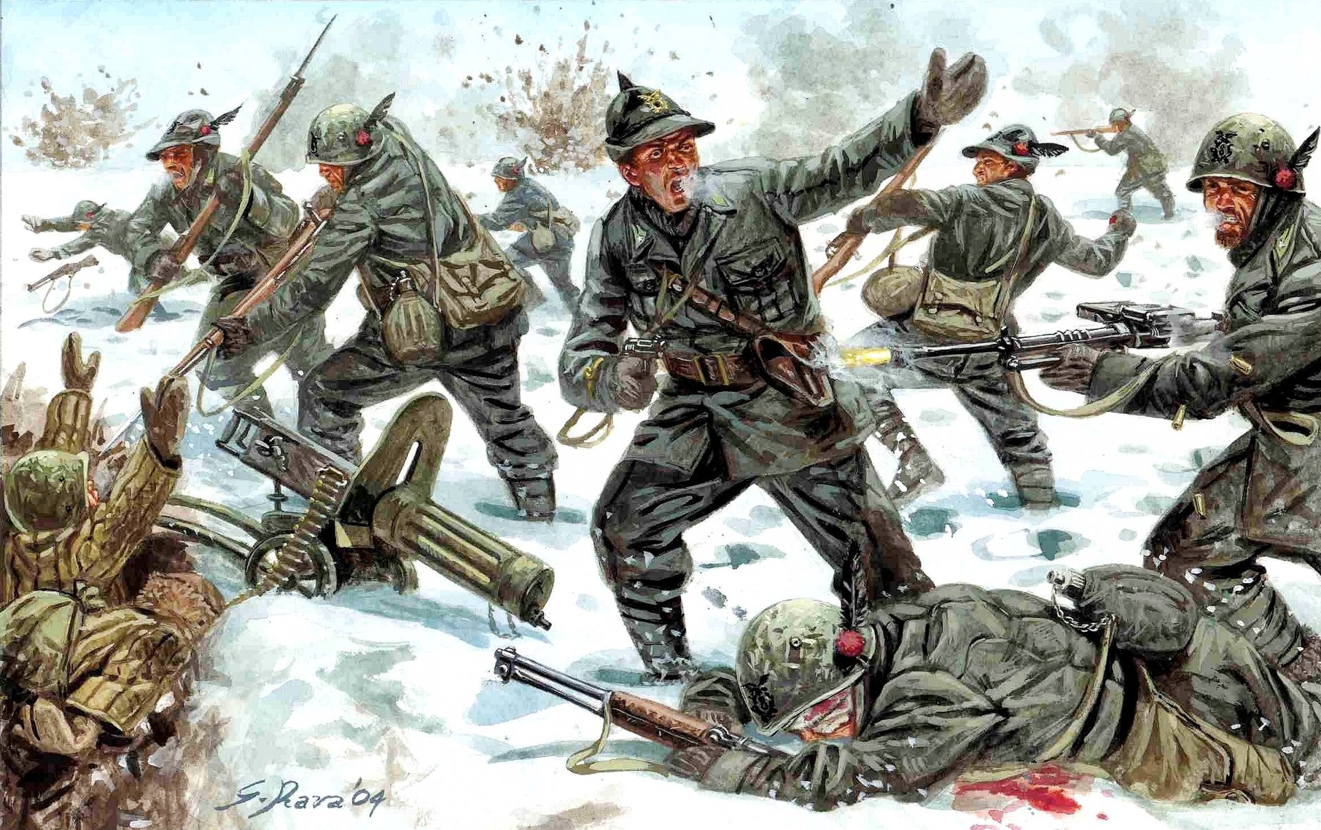 arte combate ataque soldados uniformes armas invierno nieve guerra soviético-finlandesa 1939-1940gg dibujo