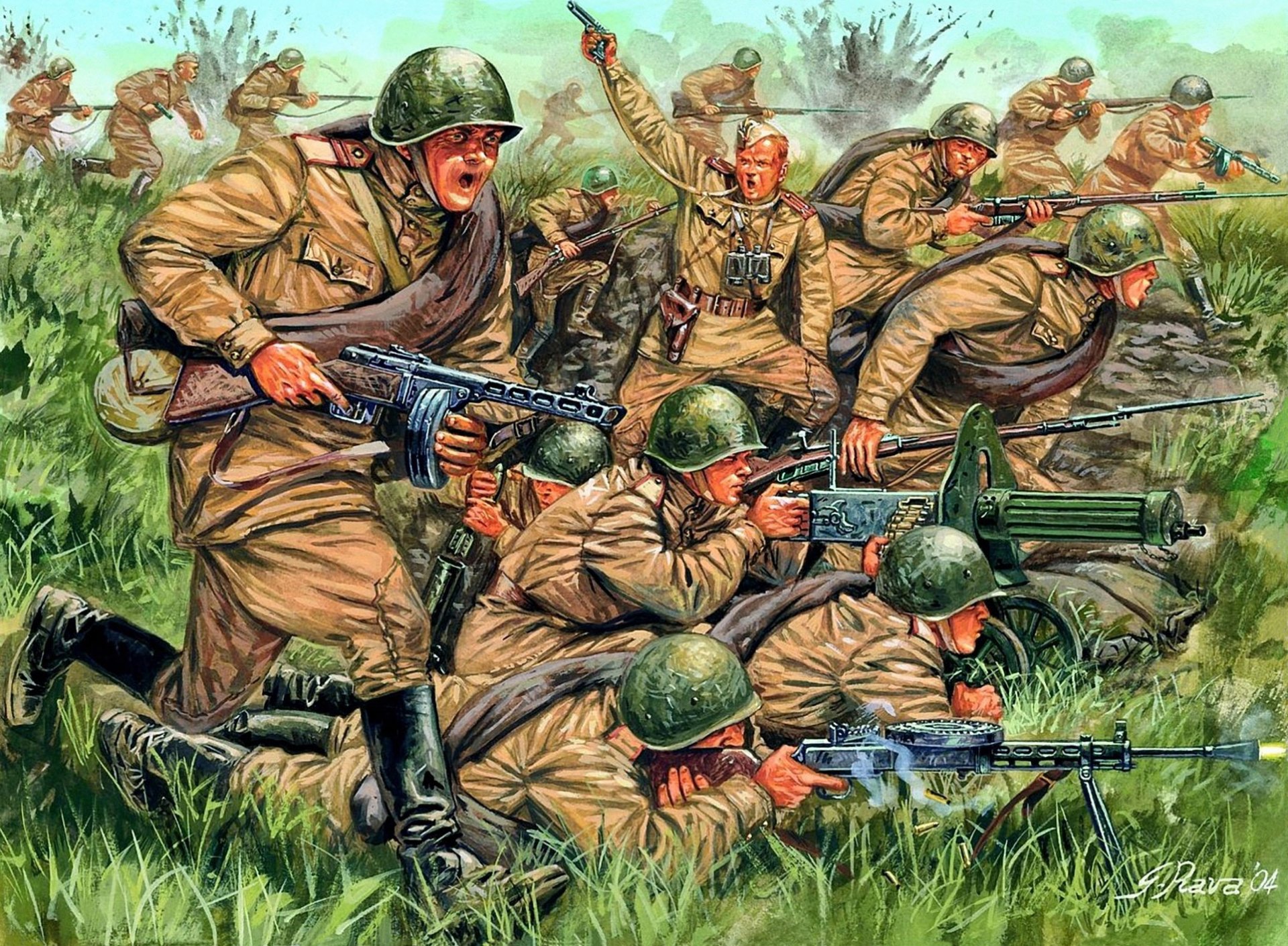 art soldats attaque soviétique infanterie vo tête c commandant tir explosions bataille seconde guerre mondiale ww2 artiste giuseppe rava