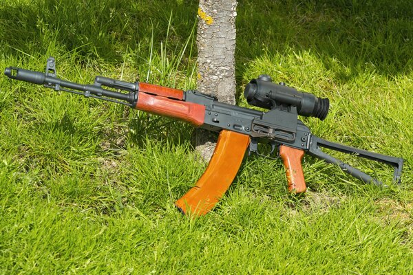 Kalashnikov assault rifle on the green grass