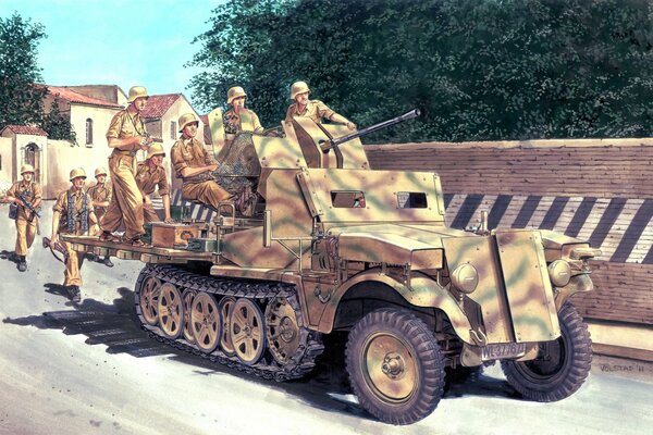 Zeichnung einer Kampfmaschine mit Soldaten