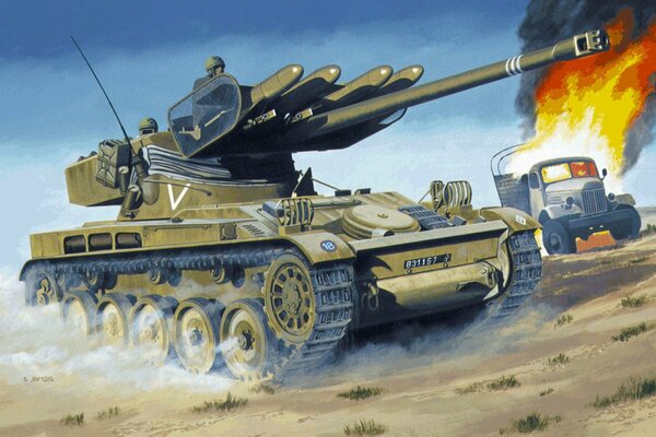 The tank is firing in the desert