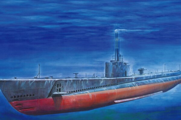 Submarino rojo gris en el mar