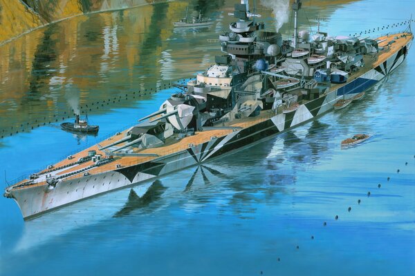 Art drawing ship battleship on the water