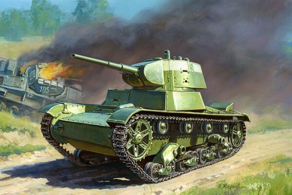 Tanque soviético en el campo de batalla