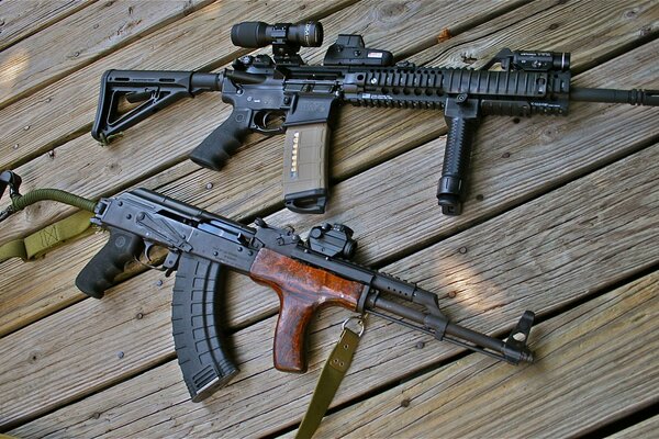 Submachine gun and rifle at the weapons exhibition