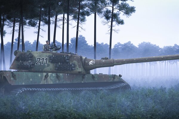 Tank art in the misty forest