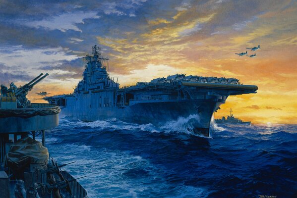 Photo d un coucher de soleil de mer, action militaire