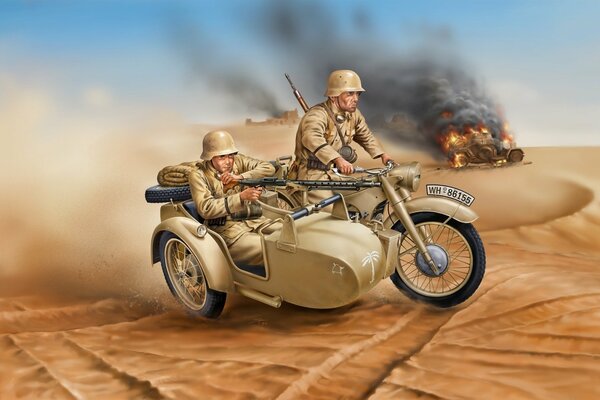 Drawing of German soldiers on a motorcycle