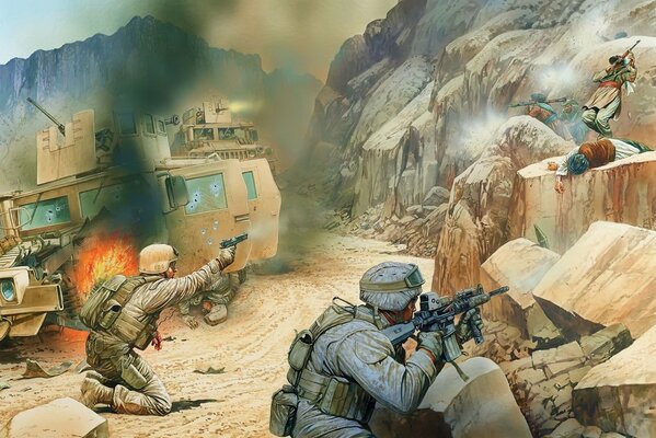 Abbildung Soldaten in Afghanistan schießen in den Bergen