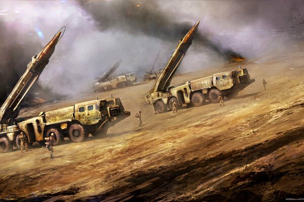 kerosin-Raketenwerfer auf der Kampfposition Schlachtfeld schwarzer Rauch