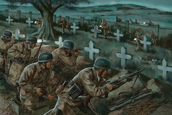 Soldiers with rifles at war in the cemetery