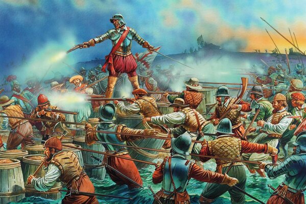 Figura con la imagen del navegante Inglés Sir Francis Drake y su tripulación, atacando las colonias españolas en 1585-86, ganando una serie de victorias de alto perfil
