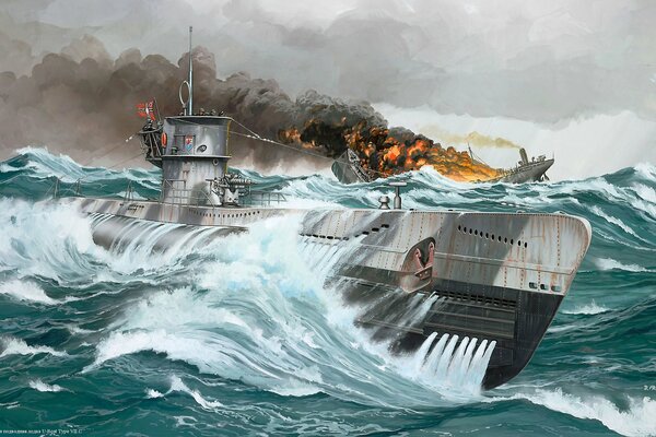 Dibujo de un submarino en la superficie de la guerra