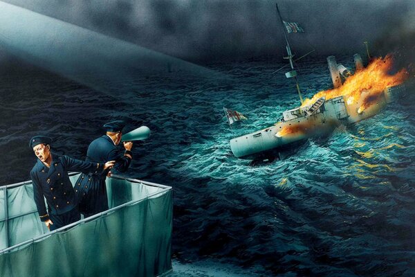 The battle at the port of Coronel, a fiery explosion