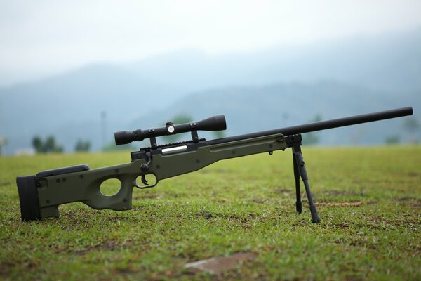 A sniper rifle stands on the green grass