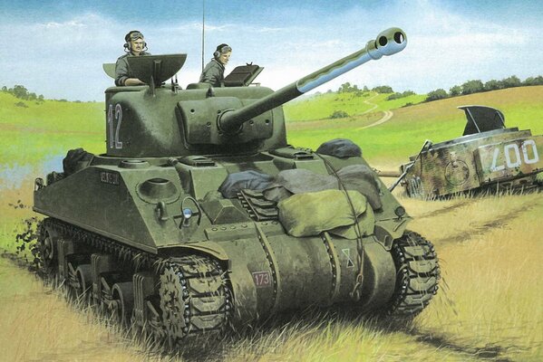 A tank on the field during the war. Drawing