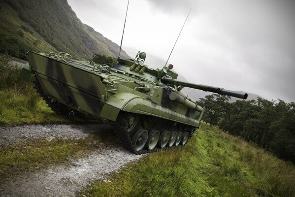 Battle tank on the road near the forest