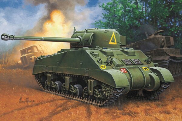 Рисунок танка на поле боя в огне